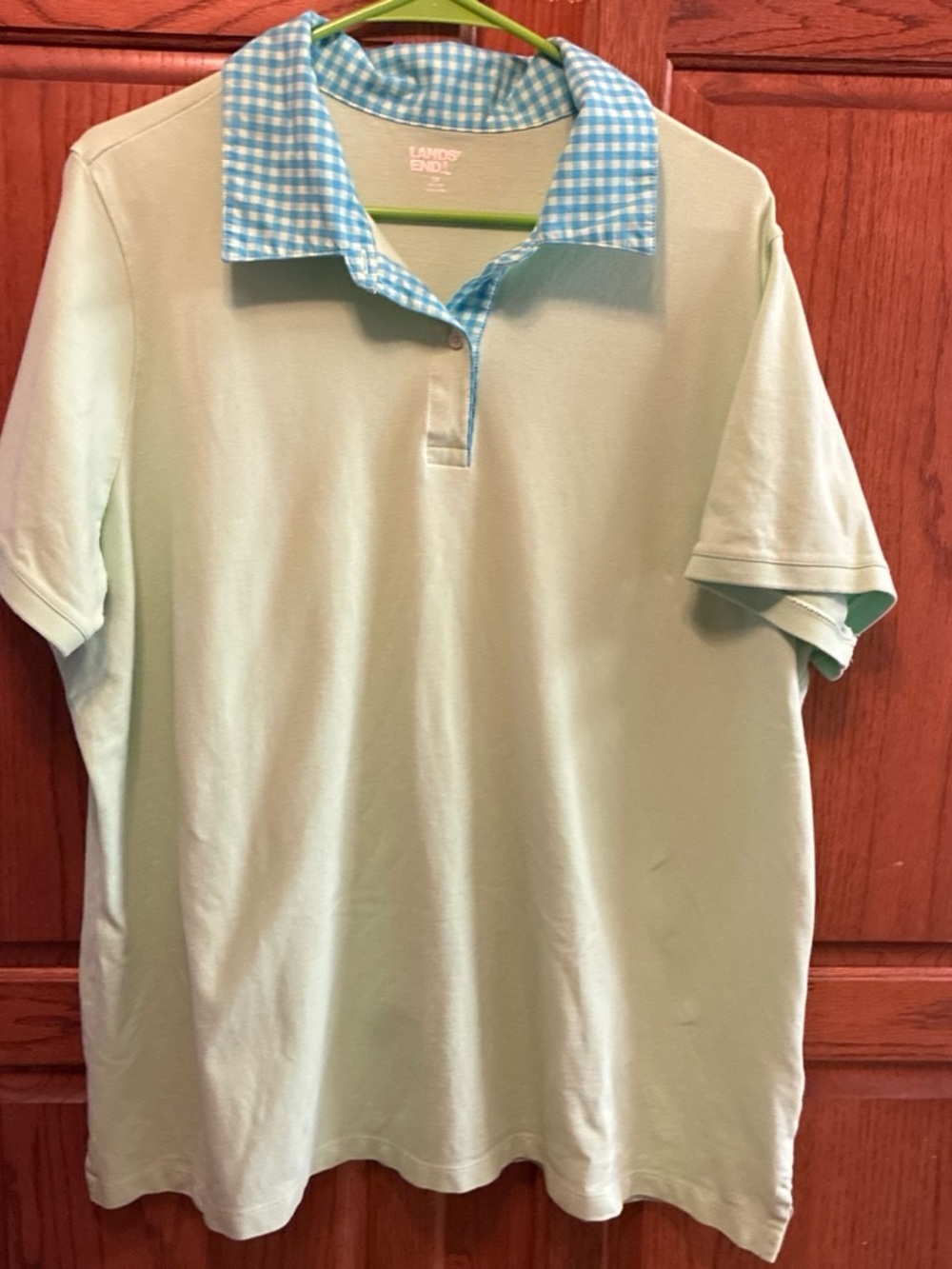 Lands' End women’s Mint Green Polo with Blue Gingham Collar size 2 XL